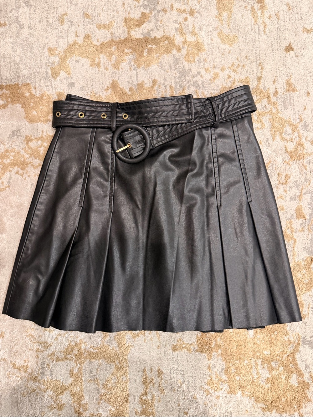 Zara Black Faux Leather Pleated Mini Skirt with Belt